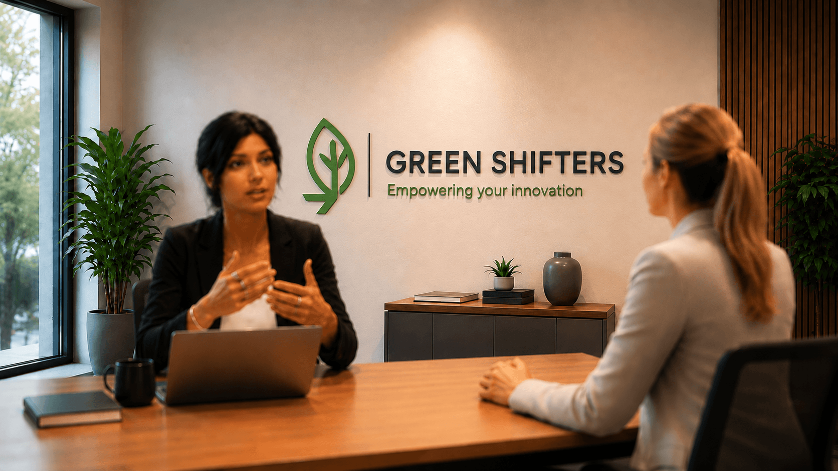Green Shifters logo på kontorvegg