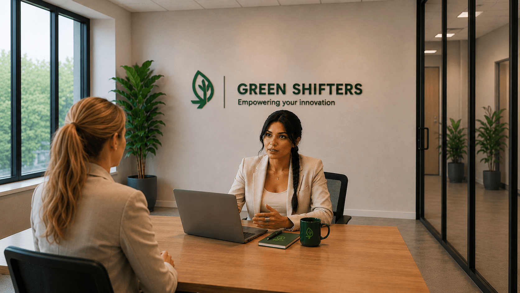 Green Shifters logo på kontorvegg