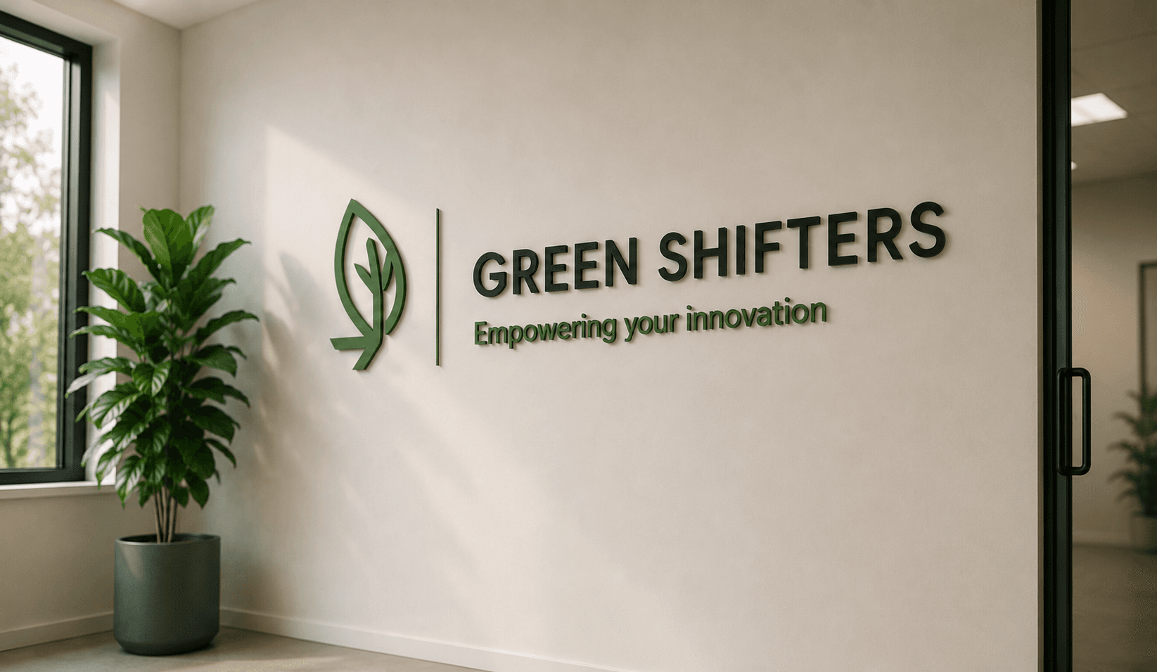 Green Shifters logo på kontorvegg